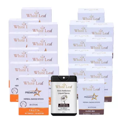 White Leaf Premium Herbal Cigarettes Frutta And Clove Flavour + Anti Addiction Liquid Spray (20 Boxes Each 20 Sticks + 20ml) (1Pack)