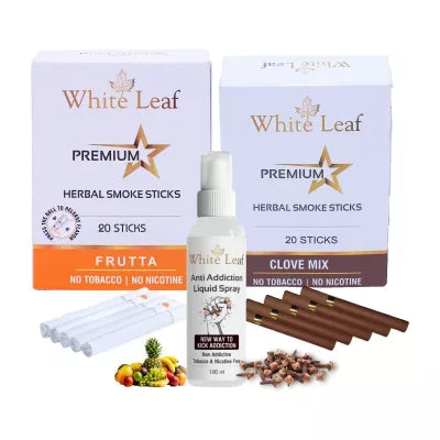 White Leaf Premium Herbal Cigarettes Frutta And Clove Flavour + Anti Addiction Liquid Spray (2 Boxes Each 20 Sticks + 100ml) (1Pack)