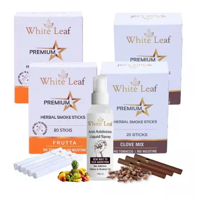 White Leaf Premium Herbal Cigarettes Frutta And Clove Flavour + Anti Addiction Liquid Spray (4 Boxes Each 20 Sticks + 100ml) (1Pack)