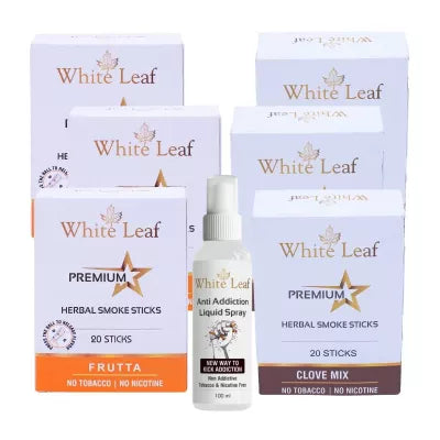 White Leaf Premium Herbal Cigarettes Frutta And Clove Flavour + Anti Addiction Liquid Spray (6 Boxes Each 20 Sticks + 100ml) (1Pack)