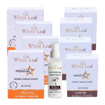 White Leaf Premium Herbal Cigarettes Frutta And Clove Flavour + Anti Addiction Liquid Spray (8 Boxes Each 20 Sticks + 100ml) (1Pack)