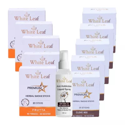 White Leaf Premium Herbal Cigarettes Frutta And Clove Flavour + Anti Addiction Liquid Spray (10 Boxes Each 20 Sticks + 100ml) (1Pack)