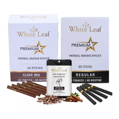 White Leaf Premium Herbal Cigarettes Clove And Regular Flavour + Anti Addiction Liquid Spray (2 Boxes Each 20 Sticks + 20ml) (1Pack)