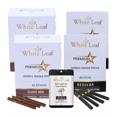 White Leaf Premium Herbal Cigarettes Clove And Regular Flavour + Anti Addiction Liquid Spray (4 Boxes Each 20 Sticks + 20ml) (1Pack)