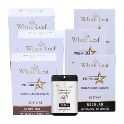 White Leaf Premium Herbal Cigarettes Clove And Regular Flavour + Anti Addiction Liquid Spray (6 Boxes Each 20 Sticks + 20ml) (1Pack)