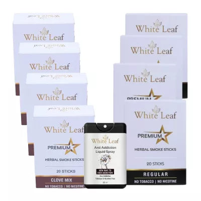 White Leaf Premium Herbal Cigarettes Clove And Regular Flavour + Anti Addiction Liquid Spray (8 Boxes Each 20 Sticks + 20ml) (1Pack)