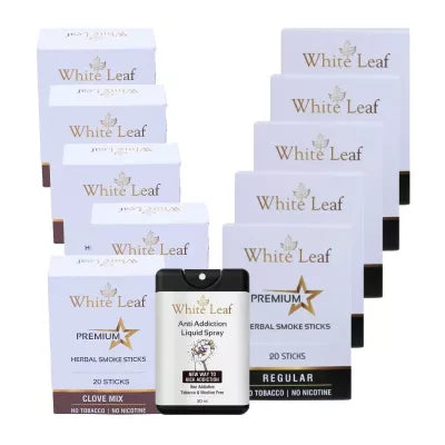 White Leaf Premium Herbal Cigarettes Clove And Regular Flavour + Anti Addiction Liquid Spray (10 Boxes Each 20 Sticks + 20ml) (1Pack)