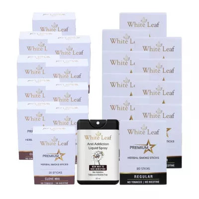 White Leaf Premium Herbal Cigarettes Clove And Regular Flavour + Anti Addiction Liquid Spray (20 Boxes Each 20 Sticks + 20ml) (1Pack)