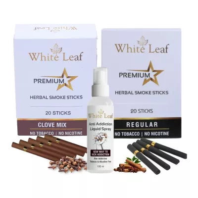 White Leaf Premium Herbal Cigarettes Clove And Regular Flavour + Anti Addiction Liquid Spray (2 Boxes Each 20 Sticks + 100ml) (1Pack)