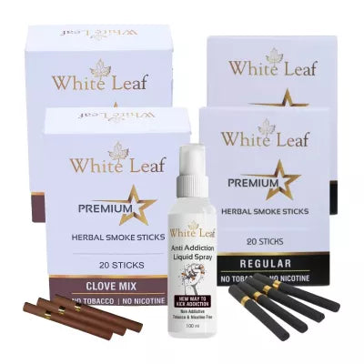 White Leaf Premium Herbal Cigarettes Clove And Regular Flavour + Anti Addiction Liquid Spray (4 Boxes Each 20 Sticks + 100ml) (1Pack)