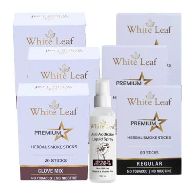 White Leaf Premium Herbal Cigarettes Clove And Regular Flavour + Anti Addiction Liquid Spray (6 Boxes Each 20 Sticks + 100ml) (1Pack)