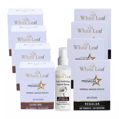 White Leaf Premium Herbal Cigarettes Clove And Regular Flavour + Anti Addiction Liquid Spray (8 Boxes Each 20 Sticks + 100ml) (1Pack)