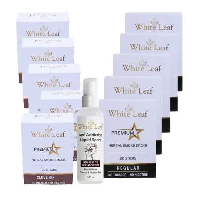 White Leaf Premium Herbal Cigarettes Clove And Regular Flavour + Anti Addiction Liquid Spray (10 Boxes Each 20 Sticks + 100ml) (1Pack)