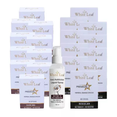 White Leaf Premium Herbal Cigarettes Clove And Regular Flavour + Anti Addiction Liquid Spray (20 Boxes Each 20 Sticks + 100ml) (1Pack)