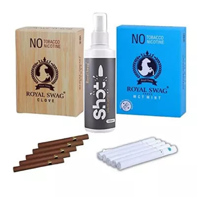 Royal Swag Nicotine Free Cigarette Clove And Mint Flavoured + Shot Liquid Spray (2 Boxes Each 20 Pcs + 100ml) (1Pack)