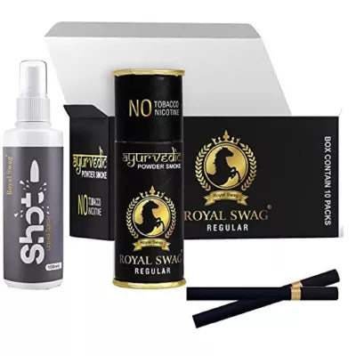 Royal Swag Nicotine Free Cigarette Regular Powder Smoke + Shot Liquid Spray (10 Can Each 5pcs + 100ml) (1Pack)