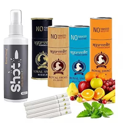 Royal Swag Nicotine Free Cigarette Clove, Regular, Frutta And Mint Flavour Powder Smoke + Shot Liquid Spray (4 Can Each 5pcs + 100ml) (1Pack)