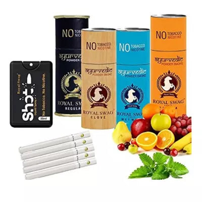 Royal Swag Nicotine Free Cigarette Clove, Regular, Frutta And Mint Flavour Powder Smoke + Shot Liquid Spray (4 Can Each 5pcs + 20ml) (1Pack)