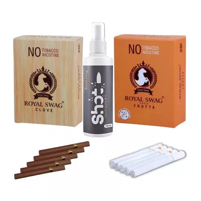 Royal Swag Nicotine Free Cigarette Frutta And Clove Flavoured + Shot Liquid Spray (2 Boxes Each 20 Pcs + 100ml) (1Pack)