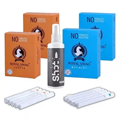 Royal Swag Nicotine Free Cigarette Frutta And Mint Flavoured + Shot Liquid Spray (4 Boxes Each 20 Pcs + 100ml) (1Pack)