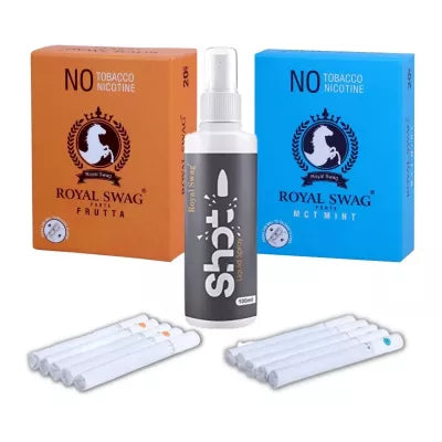 Royal Swag Nicotine Free Cigarette Frutta And Mint Flavoured + Shot Liquid Spray (2 Boxes Each 20 Pcs + 100ml) (1Pack)