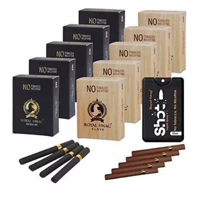 Royal Swag Nicotine Free Cigarette Regular And Clove Flavoured + Shot Liquid Spray (10 Boxes Each 20 Pcs + 20ml) (1Pack)