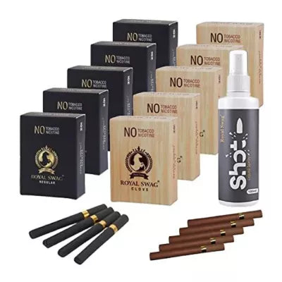 Royal Swag Nicotine Free Cigarette Regular And Clove Flavoured + Shot Liquid Spray (10 Boxes Each 20 Pcs + 100ml) (1Pack)