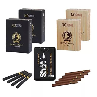 Royal Swag Nicotine Free Cigarette Regular And Clove Flavoured + Shot Liquid Spray (4 Boxes Each 20 Pcs + 20ml) (1Pack)