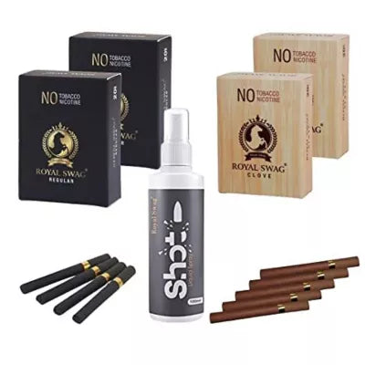 Royal Swag Nicotine Free Cigarette Regular And Clove Flavoured + Shot Liquid Spray (4 Boxes Each 20 Pcs + 100ml) (1Pack)