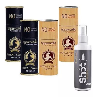 Royal Swag Nicotine Free Cigarette Regular And Clove Powder Smoke + Shot Liquid Spray (4 Can Each 5pcs + 100ml) (1Pack)