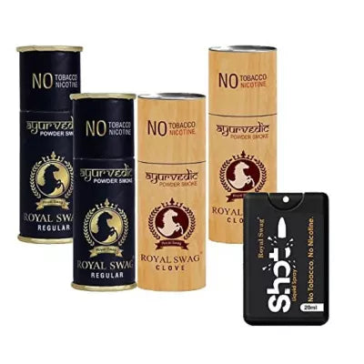 Royal Swag Nicotine Free Cigarette Regular And Clove Powder Smoke + Shot Liquid Spray (4 Can Each 5pcs + 20ml) (1Pack)