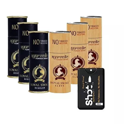 Royal Swag Nicotine Free Cigarette Regular And Clove Powder Smoke + Shot Liquid Spray (6 Can Each 5pcs + 20ml) (1Pack)