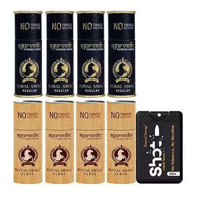 Royal Swag Nicotine Free Cigarette Regular And Clove Powder Smoke + Shot Liquid Spray (8 Can Each 5pcs + 20ml) (1Pack)