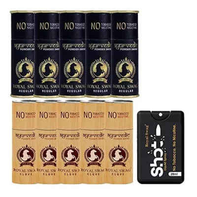 Royal Swag Nicotine Free Cigarette Regular And Clove Powder Smoke + Shot Liquid Spray (10 Can Each 5pcs + 20ml) (1Pack)