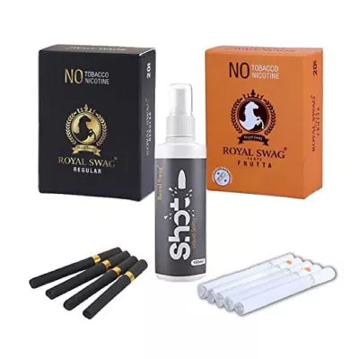 Royal Swag Nicotine Free Cigarette Regular And Frutta Flavoured + Shot Liquid Spray (2 Boxes Each 20 Pcs + 100ml) (1Pack)