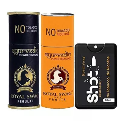 Royal Swag Nicotine Free Cigarette Regular And Frutta Powder Smoke + Shot Liquid Spray (2 Can Each 5pcs + 20ml) (1Pack)