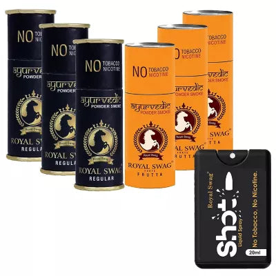 Royal Swag Nicotine Free Cigarette Regular And Frutta Powder Smoke + Shot Liquid Spray (6 Can Each 5pcs + 100ml) (1Pack)