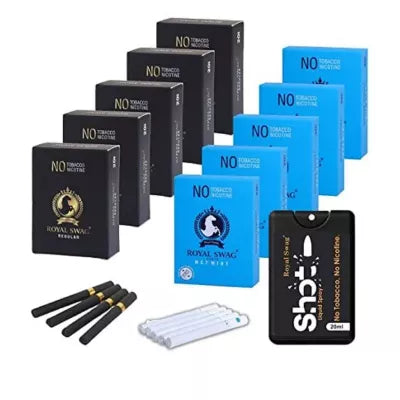 Royal Swag Nicotine Free Cigarette Regular And Mint Flavoured + Shot Liquid Spray (10 Boxes Each 20 Pcs + 20ml) (1Pack)