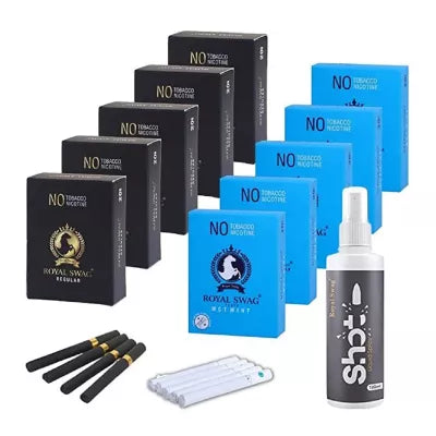 Royal Swag Nicotine Free Cigarette Regular And Mint Flavoured + Shot Liquid Spray (10 Boxes Each 20 Pcs + 100ml) (1Pack)