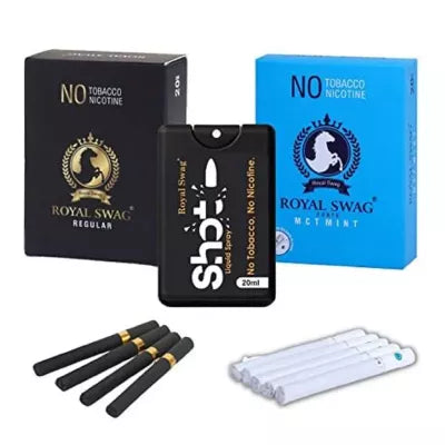 Royal Swag Nicotine Free Cigarette Regular And Mint Flavoured + Shot Liquid Spray (2 Boxes Each 20 Pcs + 20ml) (1Pack)