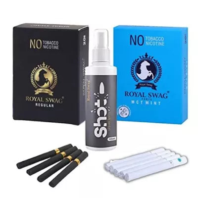 Royal Swag Nicotine Free Cigarette Regular And Mint Flavoured + Shot Liquid Spray (2 Boxes Each 20 Pcs + 100ml) (1Pack)