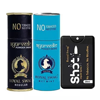 Royal Swag Nicotine Free Cigarette Regular And Mint Powder Smoke + Shot Liquid Spray (2 Can Each 5pcs + 20ml) (1Pack)