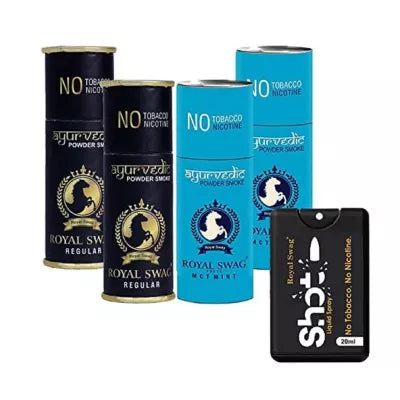 Royal Swag Nicotine Free Cigarette Regular And Mint Powder Smoke + Shot Liquid Spray (4 Can Each 5pcs + 20ml) (1Pack)