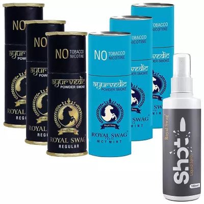 Royal Swag Nicotine Free Cigarette Regular And Mint Powder Smoke + Shot Liquid Spray (6 Can Each 5pcs + 100ml) (1Pack)