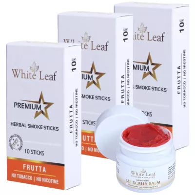 White Leaf Premium Herbal Cigarette Frutta + Lip Scrub Balm (3 Box Each 10 sticks +20g) (1Pack)