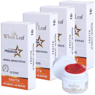 White Leaf Premium Herbal Cigarette Frutta + Lip Scrub Balm (4 Box Each 10 sticks +20g) (1Pack)