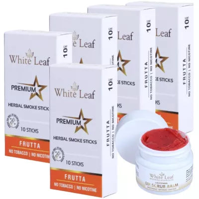 White Leaf Premium Herbal Cigarette Frutta + Lip Scrub Balm (5 Box Each 10 sticks +20g) (1Pack)