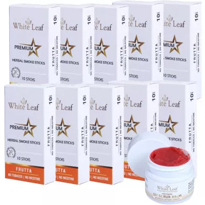 White Leaf Premium Herbal Cigarette Frutta + Lip Scrub Balm (10 Box Each 10 sticks +20g) (1Pack)