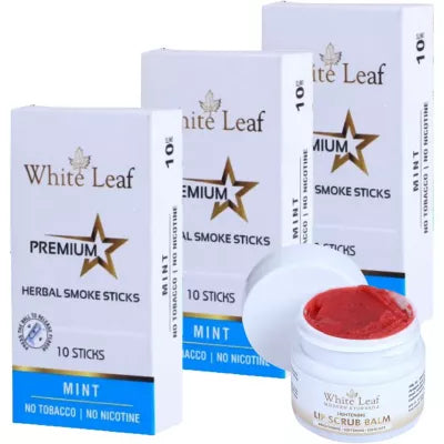 White Leaf Premium Herbal Cigarette Mint + Lip Scrub Balm (3 Box Each 10 sticks +20g) (1Pack)