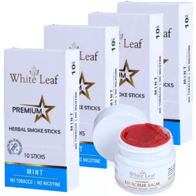 White Leaf Premium Herbal Cigarette Mint + Lip Scrub Balm (4 Box Each 10 sticks +20g) (1Pack)